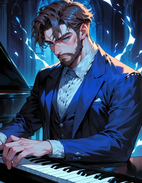 A handsome, tall, muscular man, mature male, mid age, viewed from his front slightly to the left, wears an old and cracked mask that covers his face, wears an old formal outfit of 19th century, playing the piano, night, in a dark room lit by the blue moonl...