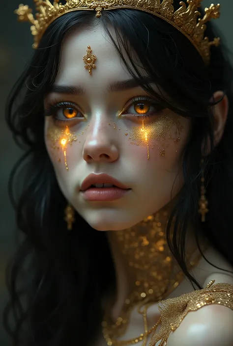 A beautiful girl is captured in an intense close-up, focusing only on his face in the middle of a gloomy and enigmatic environment. She wears a delicate gold crown that sits atop her loose, dark hair., Framing her face with an air of royalty and mysticism....