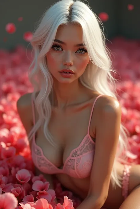 A pretty woman, medium skin, light gray eyes, long false eyelashes, thin face, thick lips, long straight white hair, illuminating makeup on the cheeks, Fitness , breasts, in lingerie ,posing on a bed of bright petals, 8k