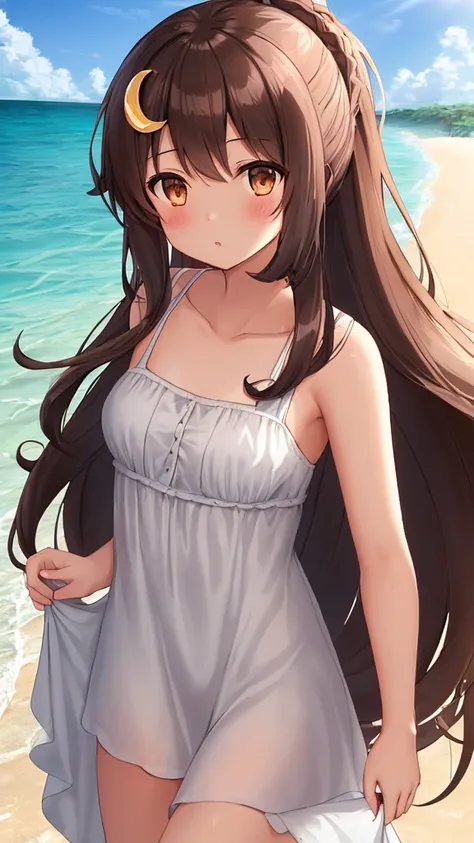 1girl, long brown hair, crescent hair ornament, hair up, brown eyes, white dress, short dress, collarbone, bare shoulders, walking, beach, sea, waves, clouds, midday 