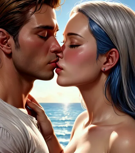 a man with long white hair, a woman with ocean blue hair, naked couple kissing each other, couple kissing, kissing together, satchel, lovely kiss, (best quality,4k,8k,highres,masterpiece:1.2),ultra-detailed,(realistic,photorealistic,photo-realistic:1.37),p...