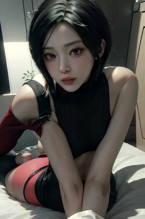 realistc pic of ada wong showing her feet, wearing stocking, on the stomach pose