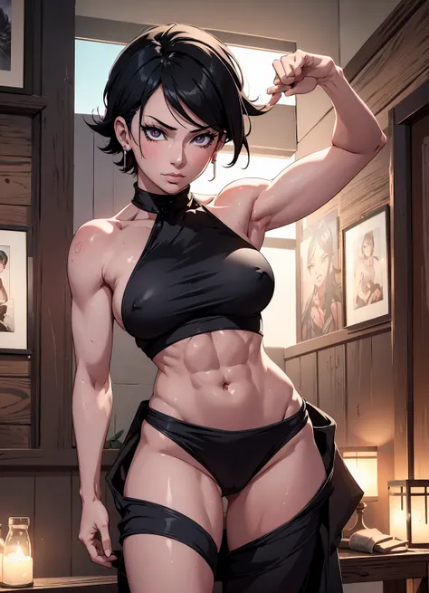 a muscular futanari with a big dick, six pack abs, ripped body, large breasts, high detailed face, beautiful detailed eyes, beautiful detailed lips, extremely detailed face, longeyelashes, solo, lust, sarada uchiha, photorealistic, 8k, hyper detailed, intr...