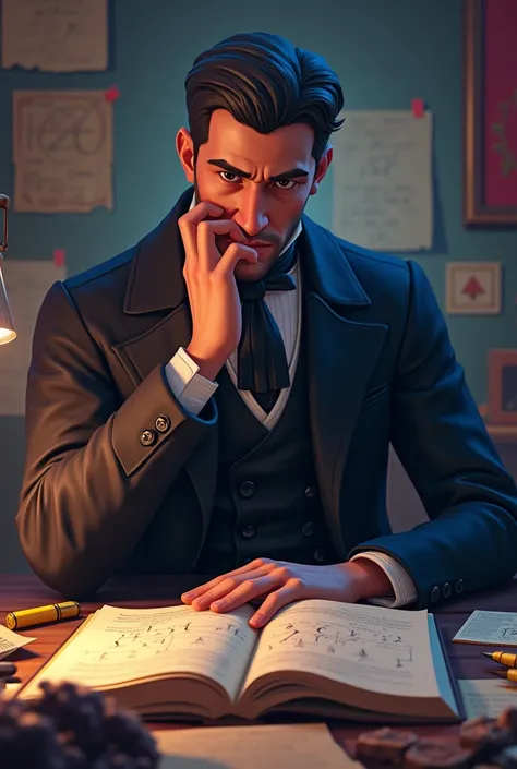 Create a Fortnite-style illustration by Bernard Bolzano, the influential 19th century mathematician and philosopher. He is dressed in an elegant dark suit from the period., including a long jacket, Formal vest and tie, with his characteristic serious and d...