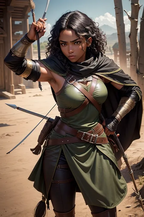 Human Archer Woman, dark-skinned, black and curly hair, greeneyes, dressed in leather clothes and a gray cloak typical of archers. Always with a longbow on his shoulder, is agile and has a confident personality.

