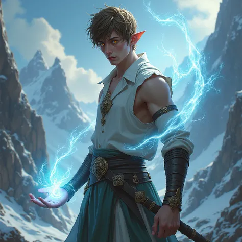 wrath of the elven prince of the northern kingdom, medieval mythology, young wizard, sleeveless shirt without breastplate, short brown hair, yellow eyes, holding a magic staff, fighting using ghost magic, his hand covered with spirit, realism, ultra HD, fu...