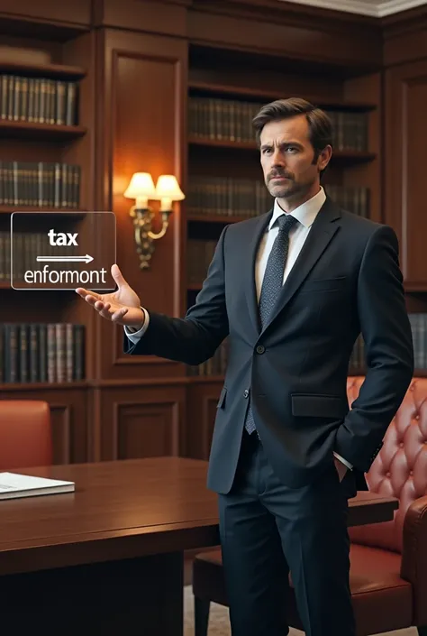 a law firm, with a lawyer pointing to my logo, in the image put the text "Tax Enforcement"