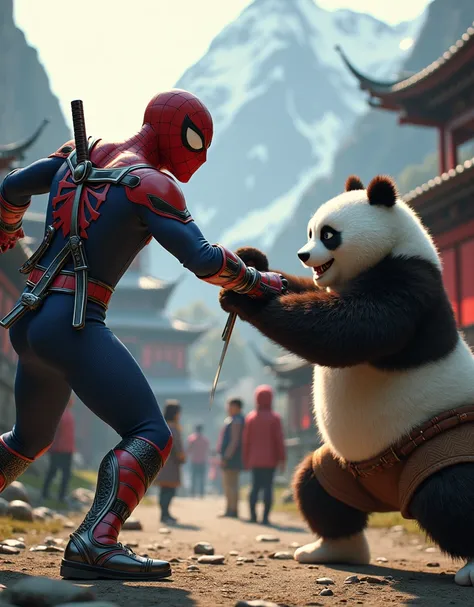 A highly detailed and realistic Spider-Man, intricate armor, katana sword in left hand, shield on back, Sword fight between Spider-Man and Kung Fu Panda, day time mountain Kung fu school background with children, dynamic pose, day time lighting, masterful ...