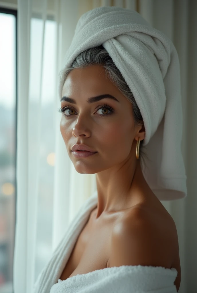 cinematic film still of bright light, bright, A beautiful gray haired youthful looking Hispanic version of Ariana Grande with a white towel on her head she is wearing a pajamas High-key lighti ng Style, 1girl, solo,long hair,gray hair, elder, 50 years old,...