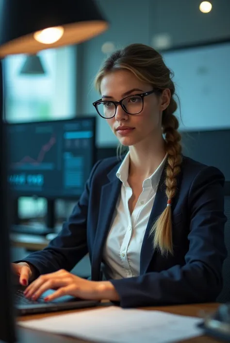 A female indian corporate executive with serious face working in laptop an her desk. With some screens on her background. She has her hair plated in a single plate  and has specs. She looks like a albino with goldenish hair.with a little fair skin color