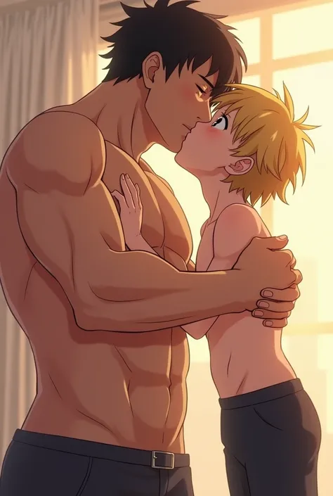 A muscular man with a big chest naked in anime style is kissing with a male child 