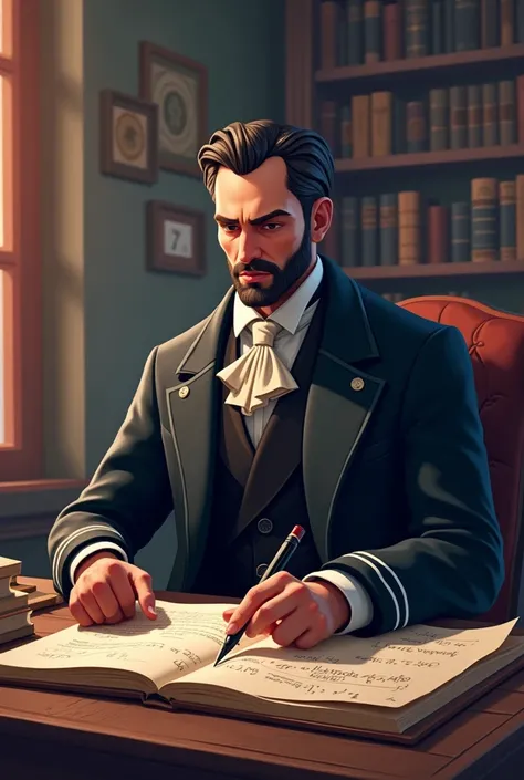 Create a Fortnite-style illustration by Bernard Bolzano, the influential 19th century mathematician and philosopher. He is dressed in an elegant dark suit from the period., including a long jacket, Formal vest and tie, with his characteristic serious and d...