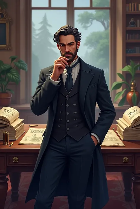 Create a Fortnite-style illustration by Bernard Bolzano, the influential 19th century mathematician and philosopher. He is dressed in an elegant dark suit from the period., including a long jacket, Formal vest and tie, with his characteristic serious and d...