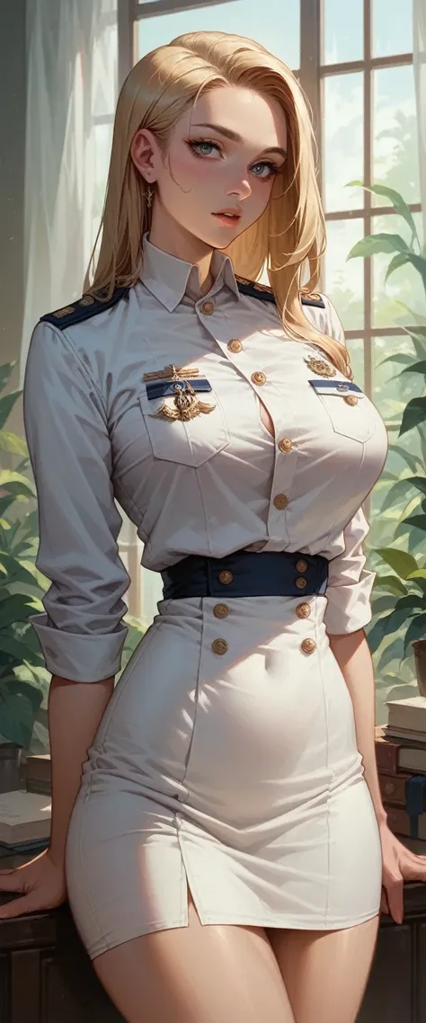 a sexy blonde girl with a voluptuous body wearing a new short naval dress uniform, it&#39;s too sexy and sensual, it has white l...