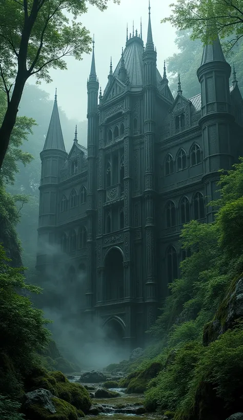 a massive black stealth jet-shaped mansion in the middle of a dense enchanted forest, dramatic lighting, highly detailed, volumetric fog, intricate architectural details, overgrown with vines and moss, imposing and ominous presence, photorealistic, 8k, HDR...