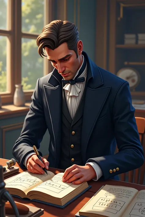 Create a Fortnite-style illustration by Bernard Bolzano, the influential 19th century mathematician and philosopher. He is dressed in an elegant dark suit from the period., including a long jacket, Formal vest and tie, with his characteristic serious and d...