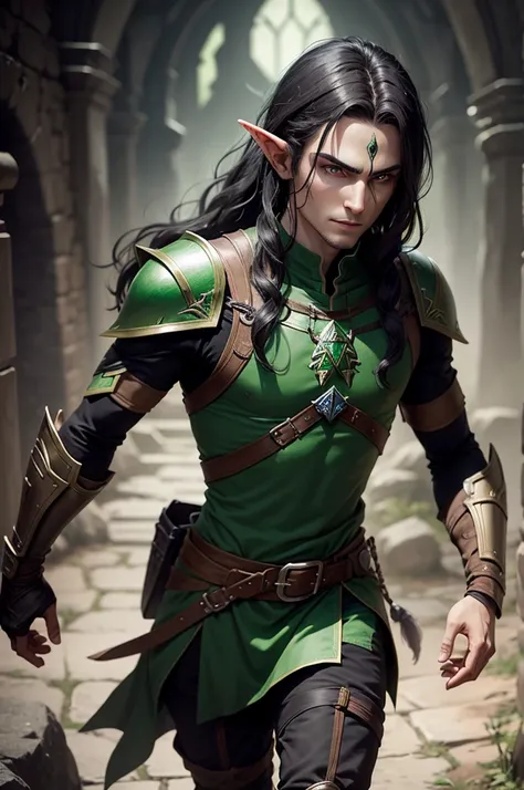 Half-elven man with dark hair, eyes glowing green, reminding a lot of Link from the game "a lenda de Zelda". He wears reinforced black leather armor and carries a longsword with elven runes., an ever serene expression.

