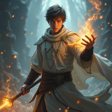 wrath of the prince of the northern kingdom, medieval mythology, wizard, sleeveless shirt without breastplate, short brown hair, yellow eyes, holding a magic staff, fighting using ghost magic, his hand covered with spirit, realism, ultra HD, full body spla...