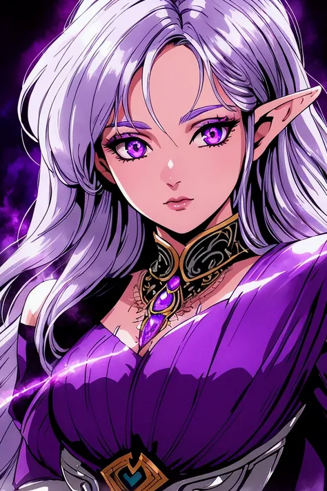 elf woman with purple eyes and silver hair, in a purple dress, highly detailed, intricate, beautiful face, elegant posture, photorealistic, dynamic lighting, fantasy art, vibrant colors, cinematic composition, dramatic shadows, ethereal atmosphere, detaile...