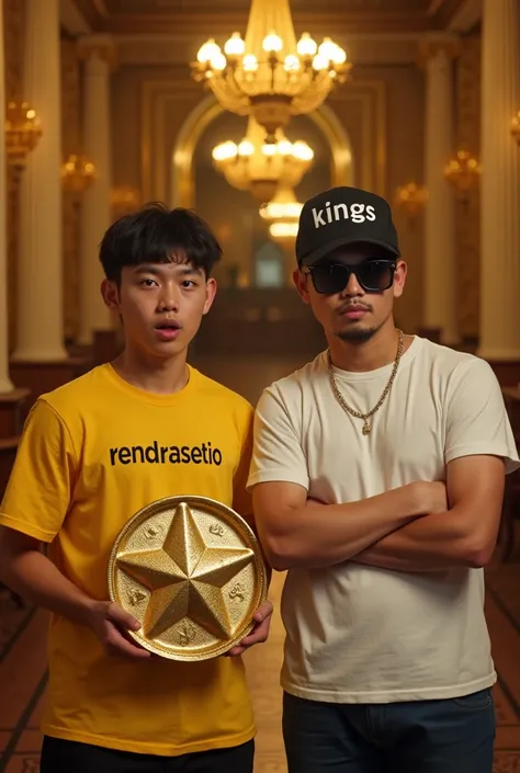 Realistic photography, young Indonesian man wearing a yellow t-shirt that says "rendrasetio" with a shocked expression holding a gold BIG Star botton. Beside him, a young man with an Indonesian face wearing a black snapback that says "KINGS", a white t-shi...