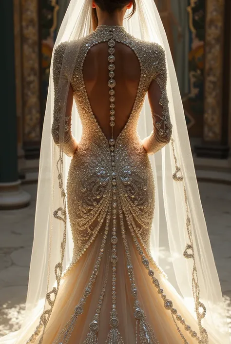 wedding dress all in rhinestones, with long sleeves and up to the neck, detail on the back with shiny buttons, floor length shiny skirt, and veil with the image of Our Lady of Aparecida