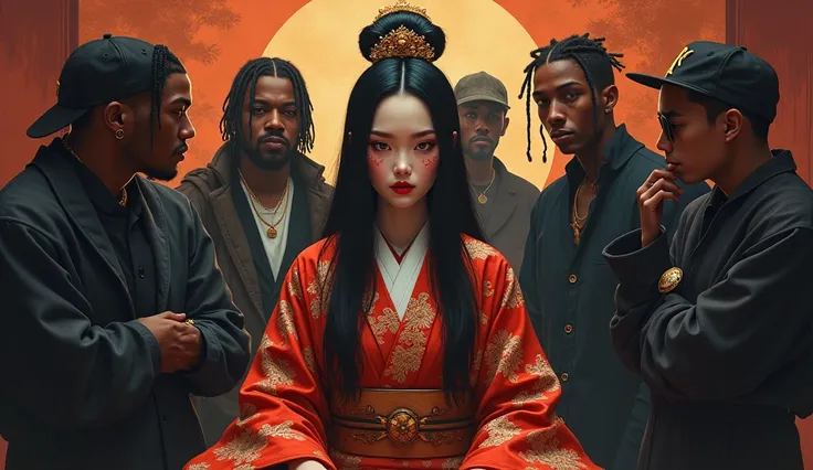 A wise, knowledgeable, masterful Japanese geisha, calm and collective, meditating deeply on the rap game, as hip hop stars and rappers try to diss and distract her, 1 girl, long hair, detailed eyes, detailed lips, hyper realistic, digital art, oil painting...