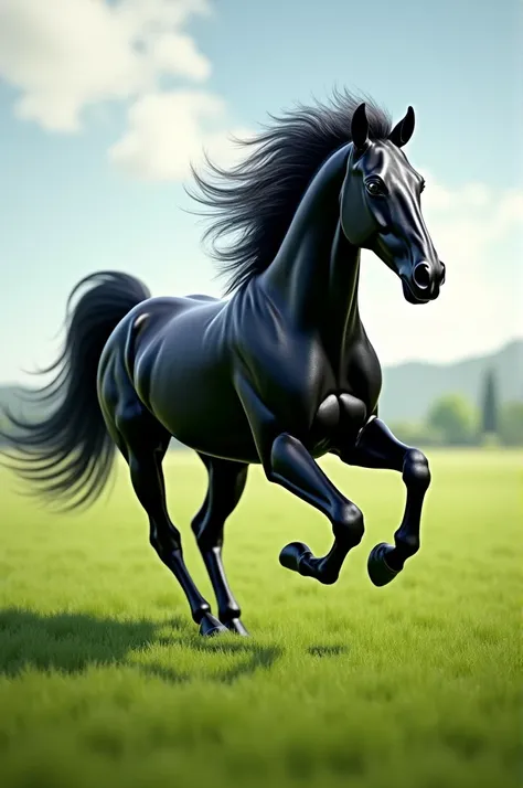 Black shining horse with long hair runing fast in green grase