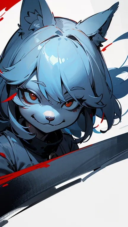 masterpiece,insanely detailed, a girls, kemono, furry face, evil smiling, blood, closed mouth, grinning, narrow eyes, white background, upper body, dutch angle shot