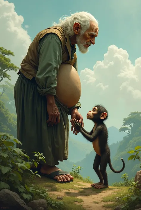 A woman, she is 100 meters tall, she is old and she falls in love with a monkey, they have a daughter who is half monkey and half old man.