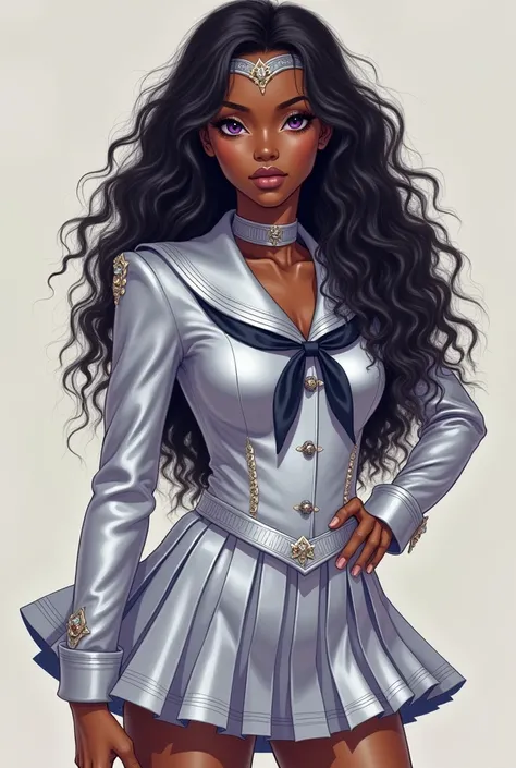 Black girl with long curly hair, purples eyes, Sailor Moon anime style and completely silver sailor outfit, but teenager and mature