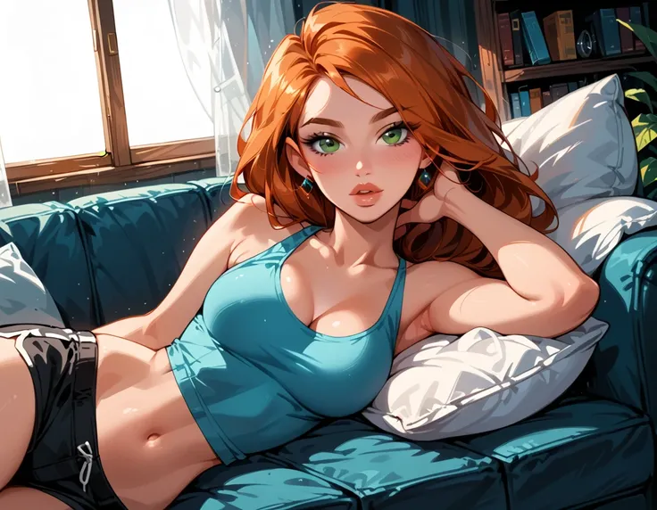 Dark Fantasy Art of score_9, score_8_up, score_7_up, rating_questionable, fantasy, lighting, epiCPhoto 1girl, very sexy Kim Possible, orange-red hair, sexy tight pajama shorts and top, solo, cute, flirt, gaze, sexy look, half-closed eyes, head tilt, filled...