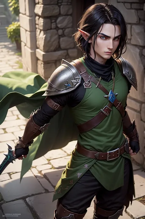 Young man around 2 Half-elf with dark bob hair, eyes glowing green, reminding a lot of Link from the game "a lenda de Zelda". Wears reinforced black leather armor and carries a longsword with elven runes., an ever serene expression.

