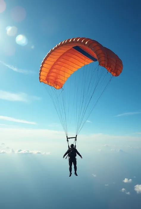 The camera focuses on the moment he jumps, and the parachute opens dramatically, swinging in the air.