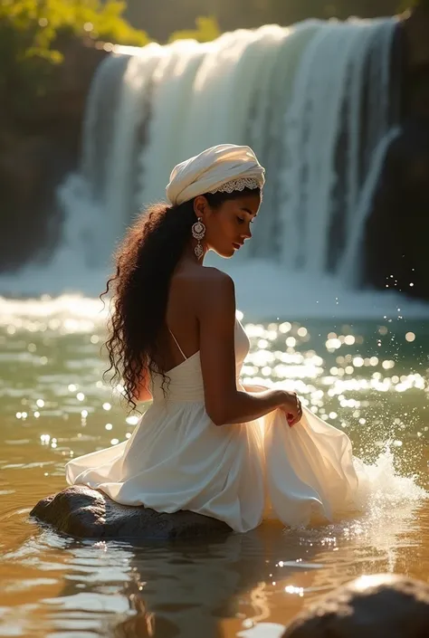 creates the image of a beautiful dark-skinned woman with long curly hair with a white turban on her head with a long white silk dress ,She is sitting on a rock in the middle of the river washing her white dress in the water around a beautiful crystal clear...