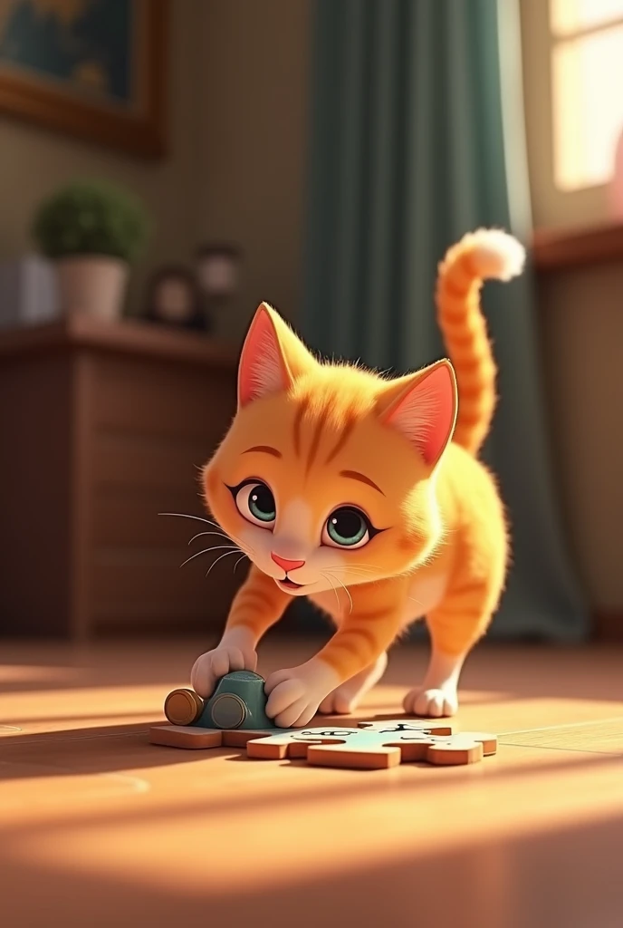 Cut to a cat solving a puzzle or playing with a toy. Animated 