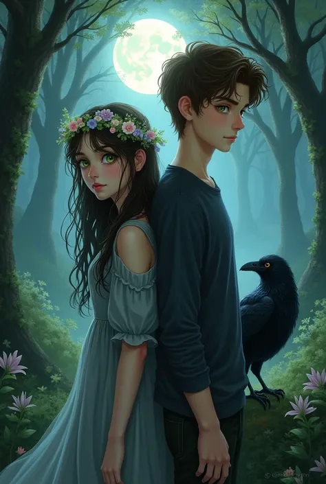 Dreamshaper : Teenage girl with long brown-black hair, green eyed, in the forest at night wearing a grey dress and a flower crown and accompanied by a crow with her back to a boy . Teenage boy brown hair and honey eyes, quite high, and very handsome turnin...