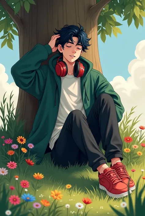 White teenager, , 1.73m tall, with wavy hair with black roots and length and blue tips. Wearing an open dark green sweatshirt with a white shirt underneath, black pants, red sneakers, with headphones around his neck, leaning against a tree, with several fl...