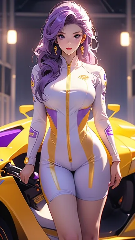 Female racer in golden racing suit stands in front of purple racing bike　golden and purple Hair Standing huge breast and thighs 