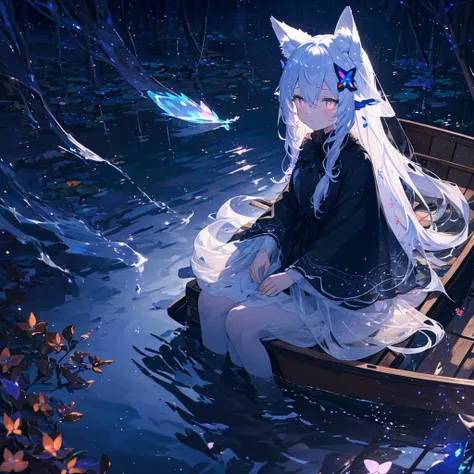 Fox ears, Fox Tail, - A girl sitting in a boat on the water,Crystal glowing eyes, sea butterflies, Night raids, Fairy tale lights, Very deep sea, long shiny hair, Night Core, Very ethereal, stagirlr dress.