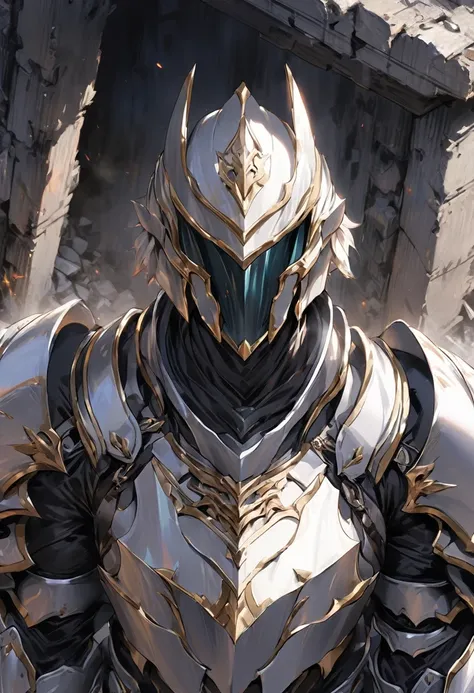 ((Highest quality)), ((masterpiece)), (detailed), (One Man), Powerful, height１８０Senche Warrior, Full Plate Armor, A sharp gaze peeking out from a half-face helmet, Photographed from diagonally in front, standing in ruins, (((((((up))))))), (((((face shot))...