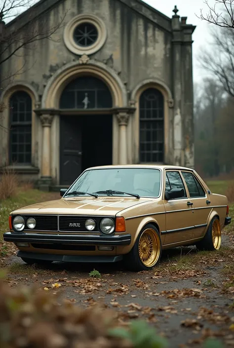 Golf 1 beige, wide gold rims,  rabaissée,  parked in front of a ruined church 