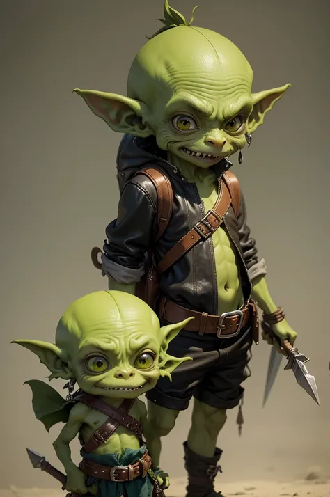 Small, somewhat skinny goblin with a small belly, funny face and greenish skin, large, expressive eyes, dressed in worn leather clothes. Carries several daggers and comical items hanging from his backpack.

