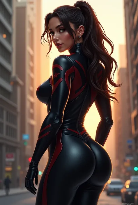 a girl wearing spandex tight heroine costume, with a curved back and a big ass