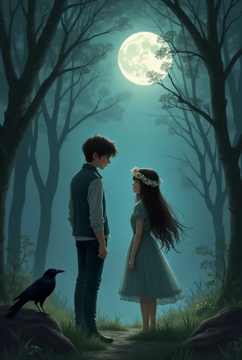 Level4 : Teenage girl with long brown-black hair, green eyed, in the forest at night with a gray dress and a flower crown and accompanied by a crow and also a boy with honey eyes, quite high, and very handsome. Both turning their backs on each other