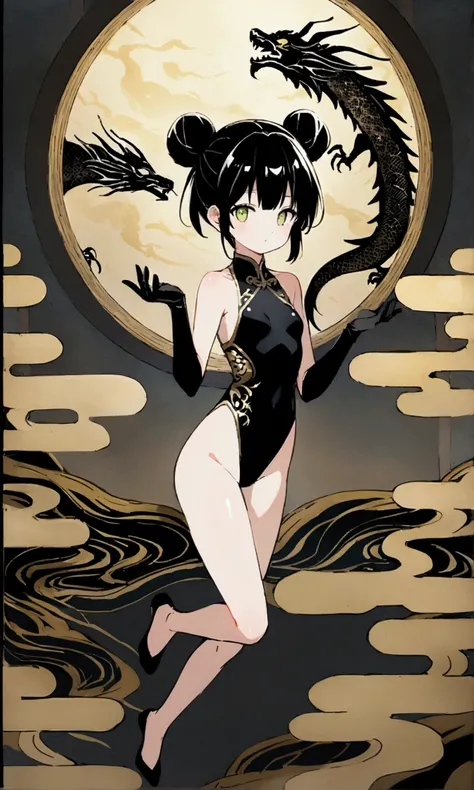 、Shiny black Chinese leotard(Dragon painting)、gloves、Bun Hair, Small breasts、Tree Eyes、Hands up、whole body、Chinese style background