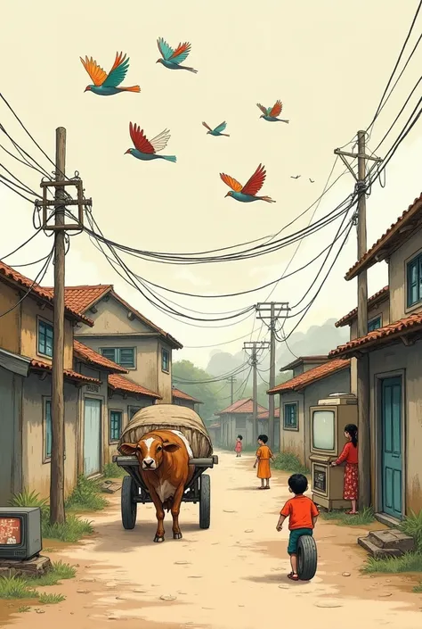 Create an old time village life it should include a bull cart and flying bird and children watching old tv and child playing with a tyre. And some wires of electricity too it should look like a human being of 14 years made tht illustration. A lil rough so ...