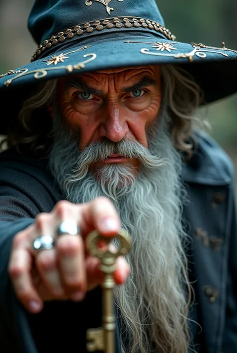 A hyper-realistic portrait of a wizard in his 50s, with a serious expression and an intense gaze. He wears a classic wizard&#39;s hat with a wide brim and intricate patterns., visible in its entirety, with metallic details all around the edge. The wizard h...