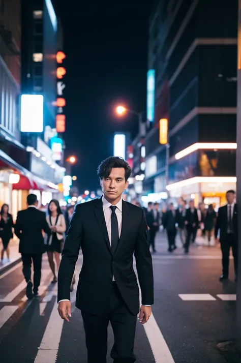 A businessman in a black suit walking through a busy street at night