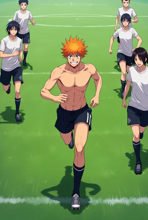 Ichigo Kurosaki is stripped completely naked in the middle of soccer field  and runs across it with his grinning teammates in uniform.