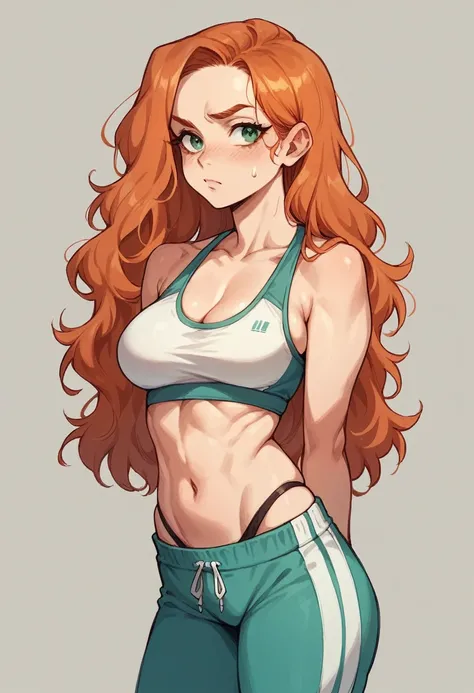 Hot anime girl with long, wavy ginger hair  with green eyes and is in a sports bra and  sweatpants with a thong strap showing